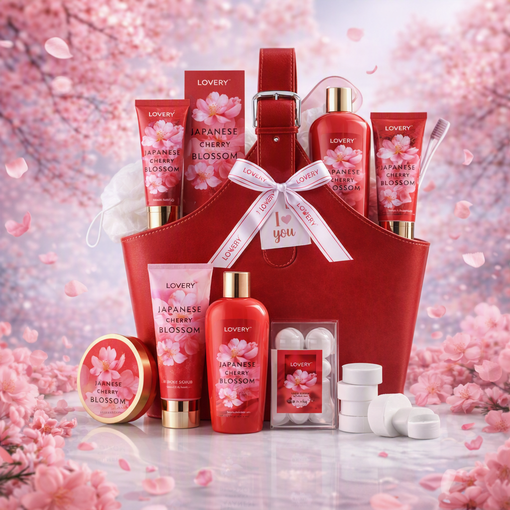 A red gift basket filled with Loversy Japanese Cherry Blossom body care products, including lotion, shampoo, conditioner, and lip balm, arranged on a reflective surface with pink cherry blossom petals in the background.