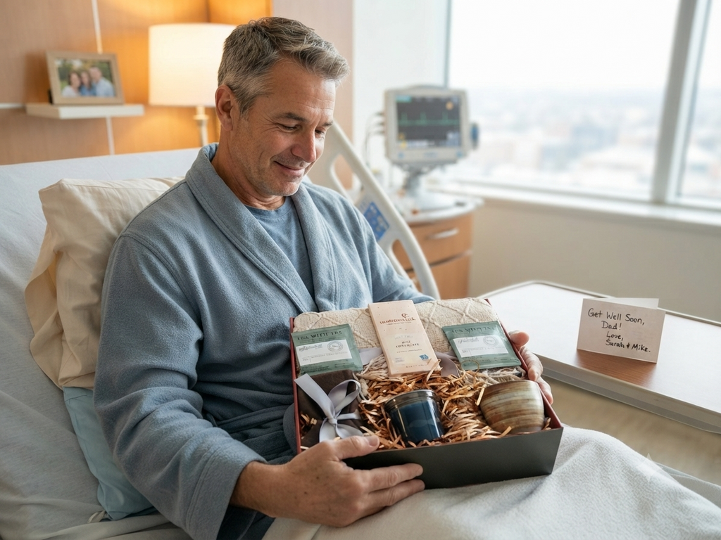 A man in a blue-gray bathrobe sits in a hospital bed holding an open gift box filled with toiletries and care items. A bedside note is visible on the tray table, with a hospital room and window in the background.