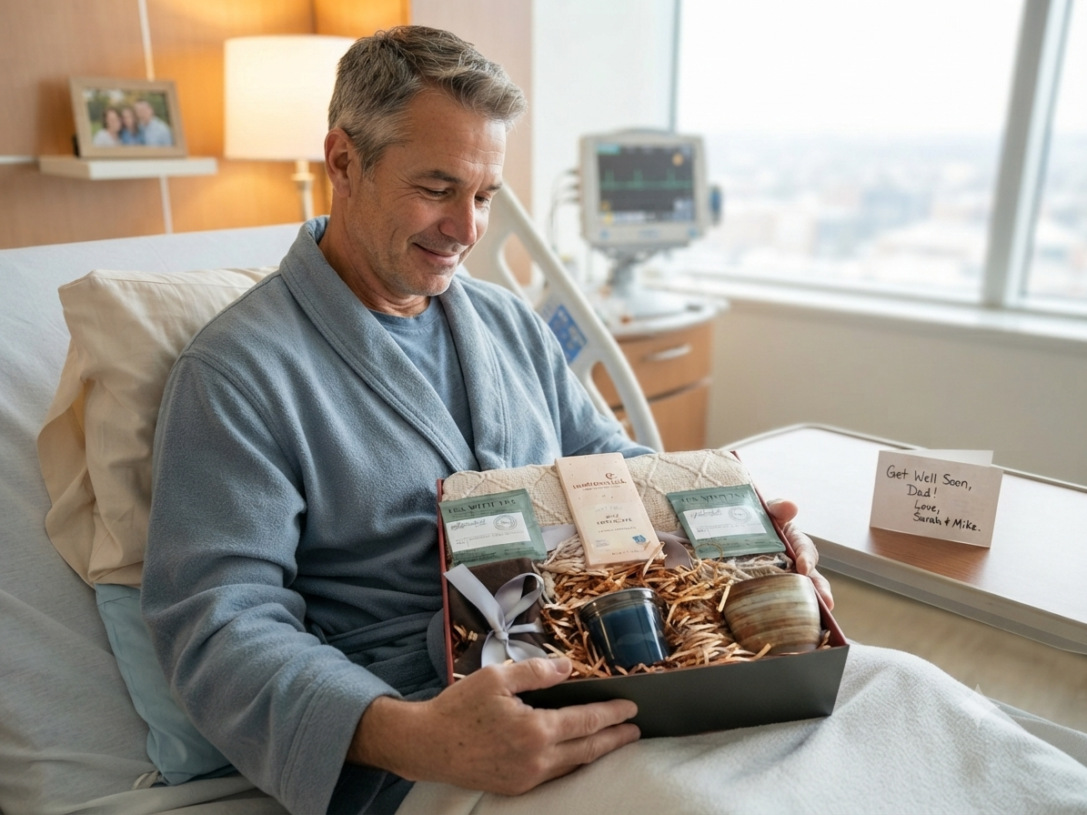 A man in a blue-gray bathrobe sits in a hospital bed holding an open gift box filled with toiletries and care items. A bedside note is visible on the tray table, with a hospital room and window in the background.