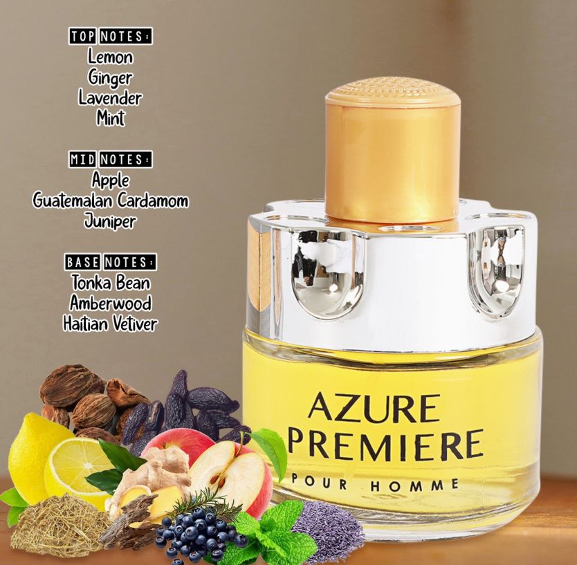 Perfume bottle labeled 'Azure Premiere Pour Homme' with fragrance notes displayed.