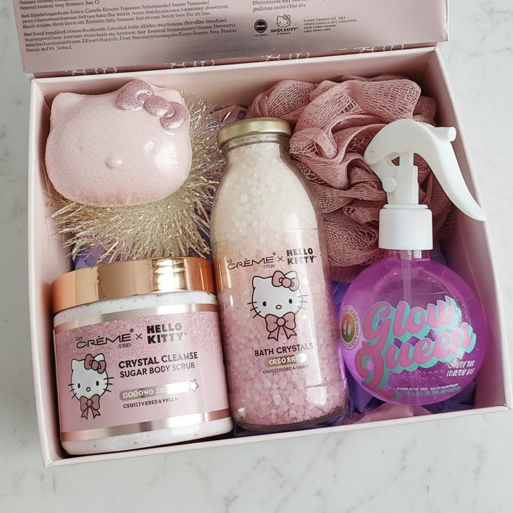 Hello Kitty-themed skincare and bath product set in a box on a wooden surface.